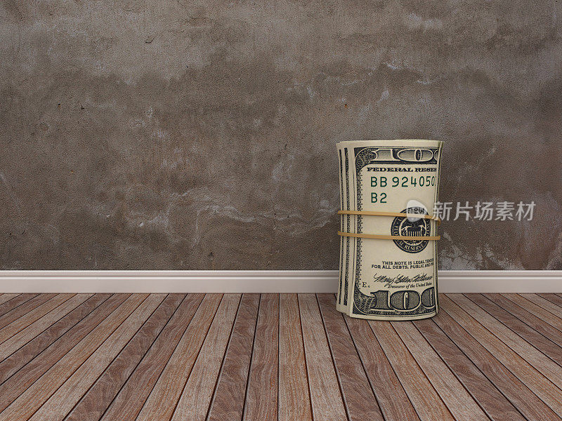 美元钞票在木地板上滚动- 3D渲染